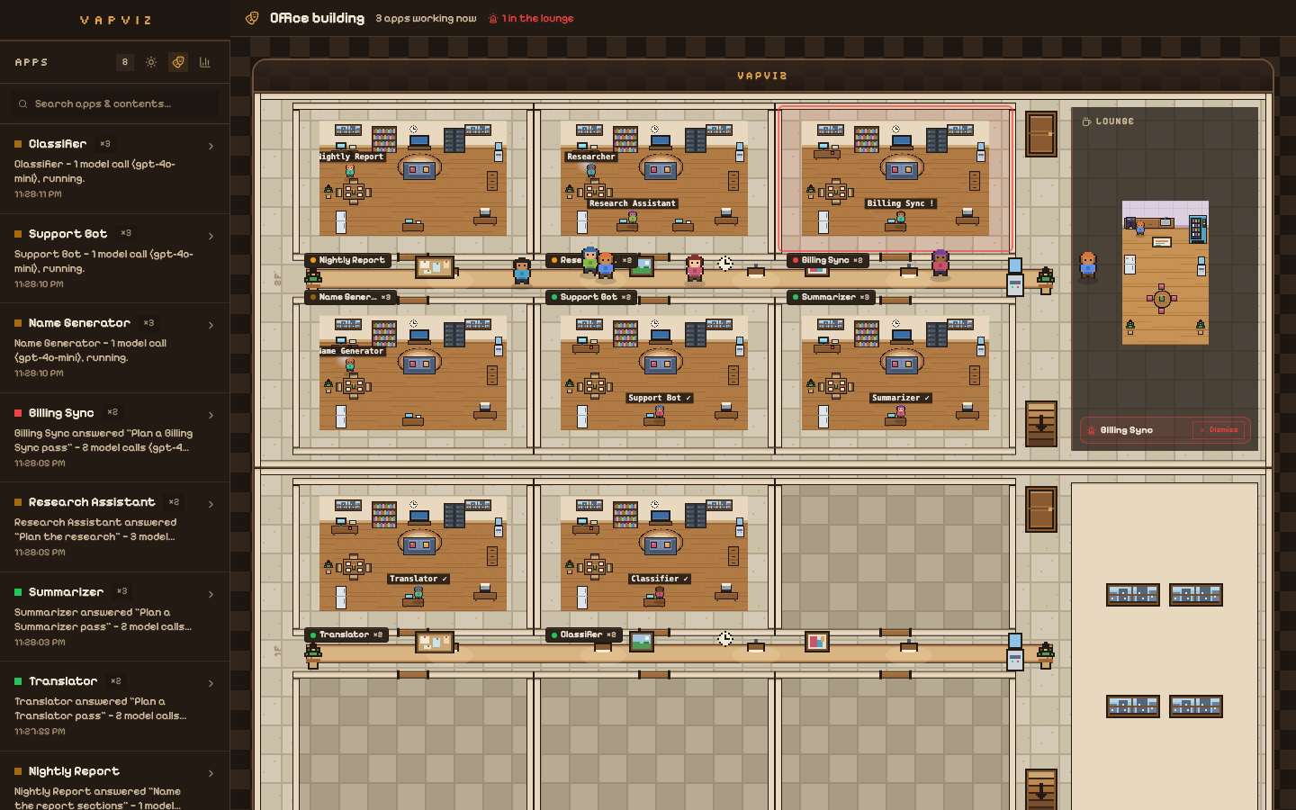 The Office Building view: a pixel building with six rooms per floor, agents at work, a lobby directory at the base